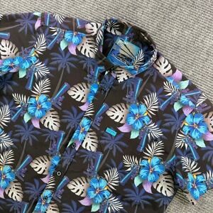 Retro Rifle Suppressed Tropical Hibiscus Button Down Shirt Mens 2XL Black Blue